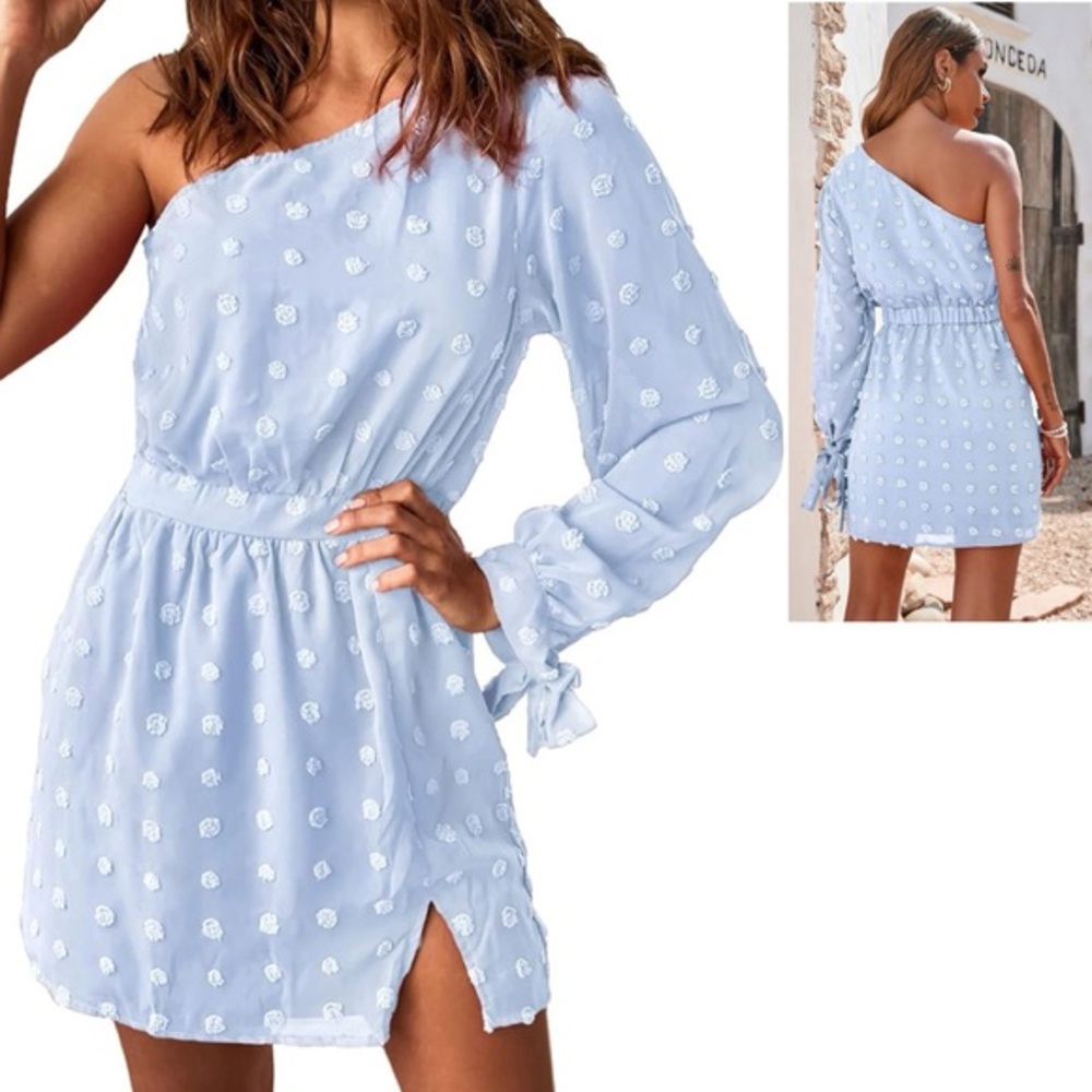 Women One Shoulder Long Sleeve Casual‎ Summer Dresses 2024 Spring Swiss Dot M